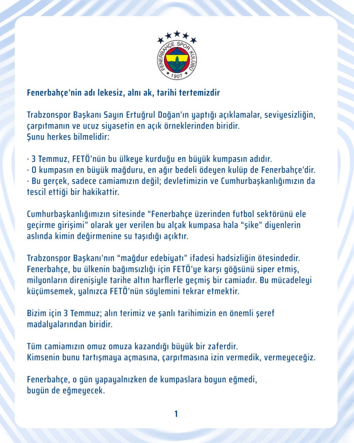 Fenerbahçe’den Trabzonspor’a 3 Temmuz yanıtı