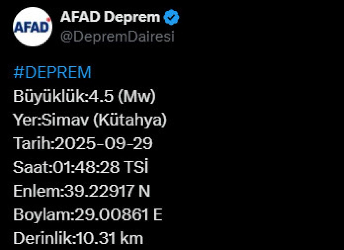 Kütahya’da 4.5 büyüklüğünde deprem